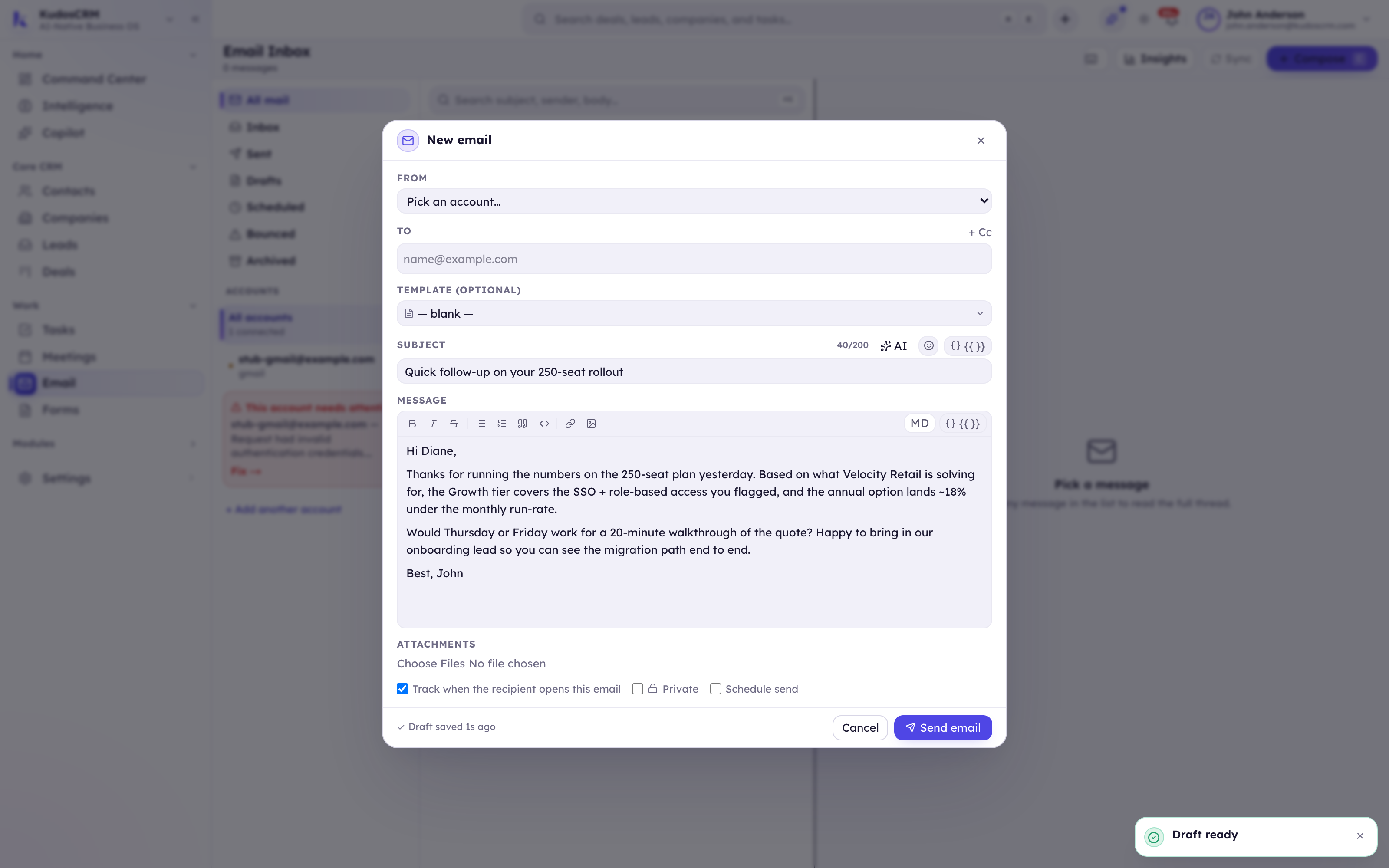 The Kudos AI email assistant drafting a reply inside the KudosCRM composer, built from the thread and the deal behind it
