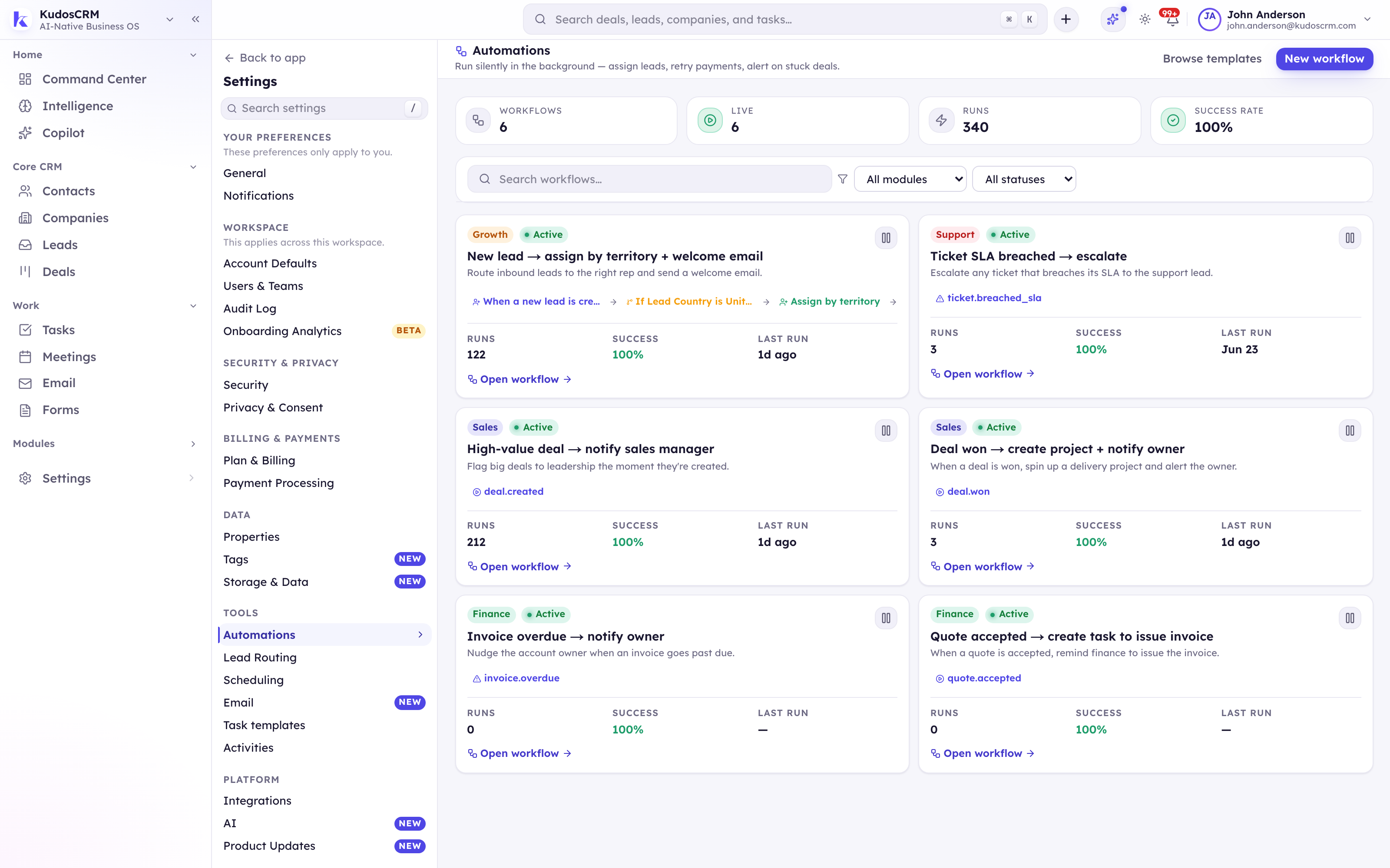 The KudosCRM automations list with each workflow's trigger, run count, success rate and last run time