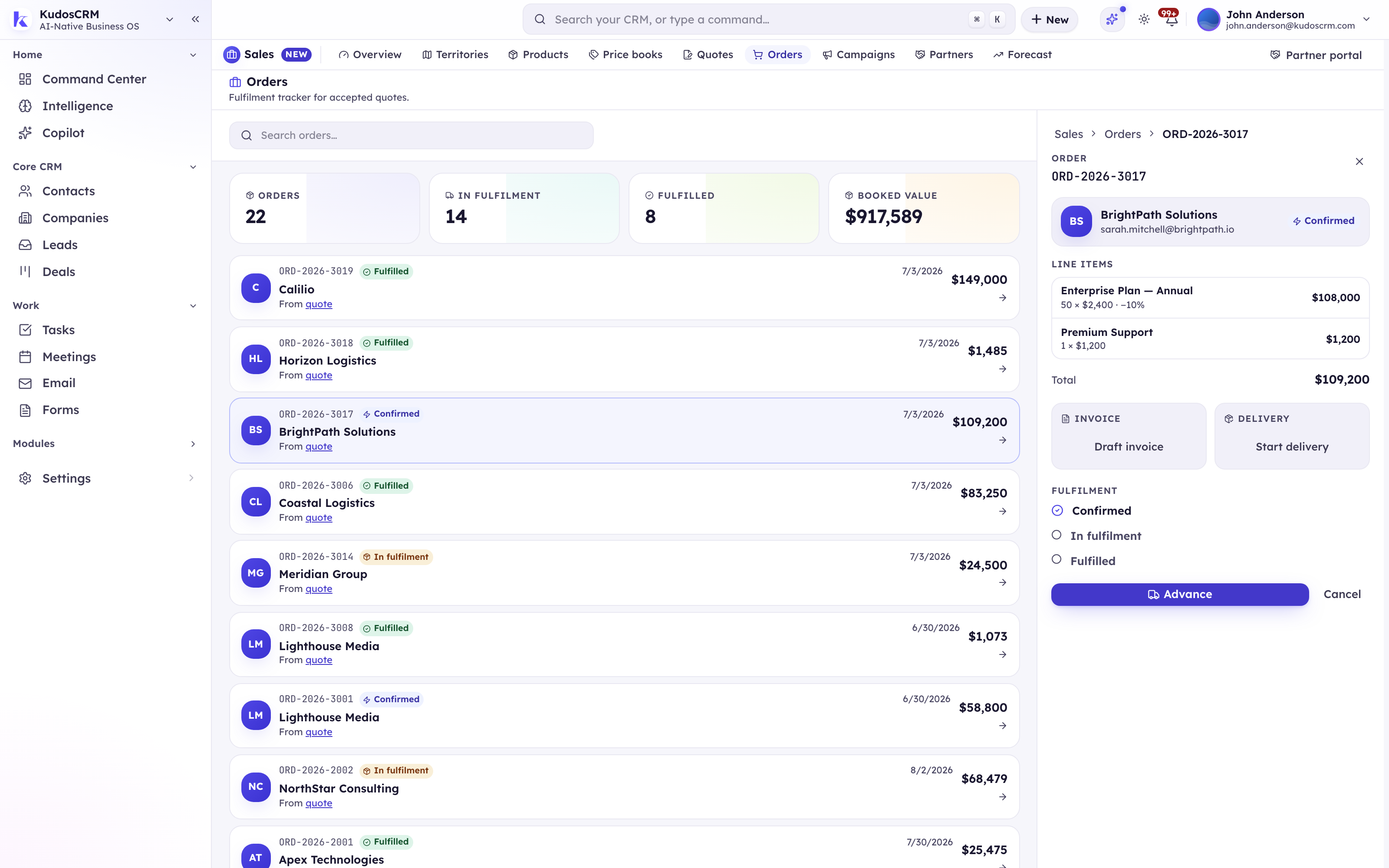 An invoice drafted in KudosCRM from the confirmed order behind a delivery project, with its line items and total