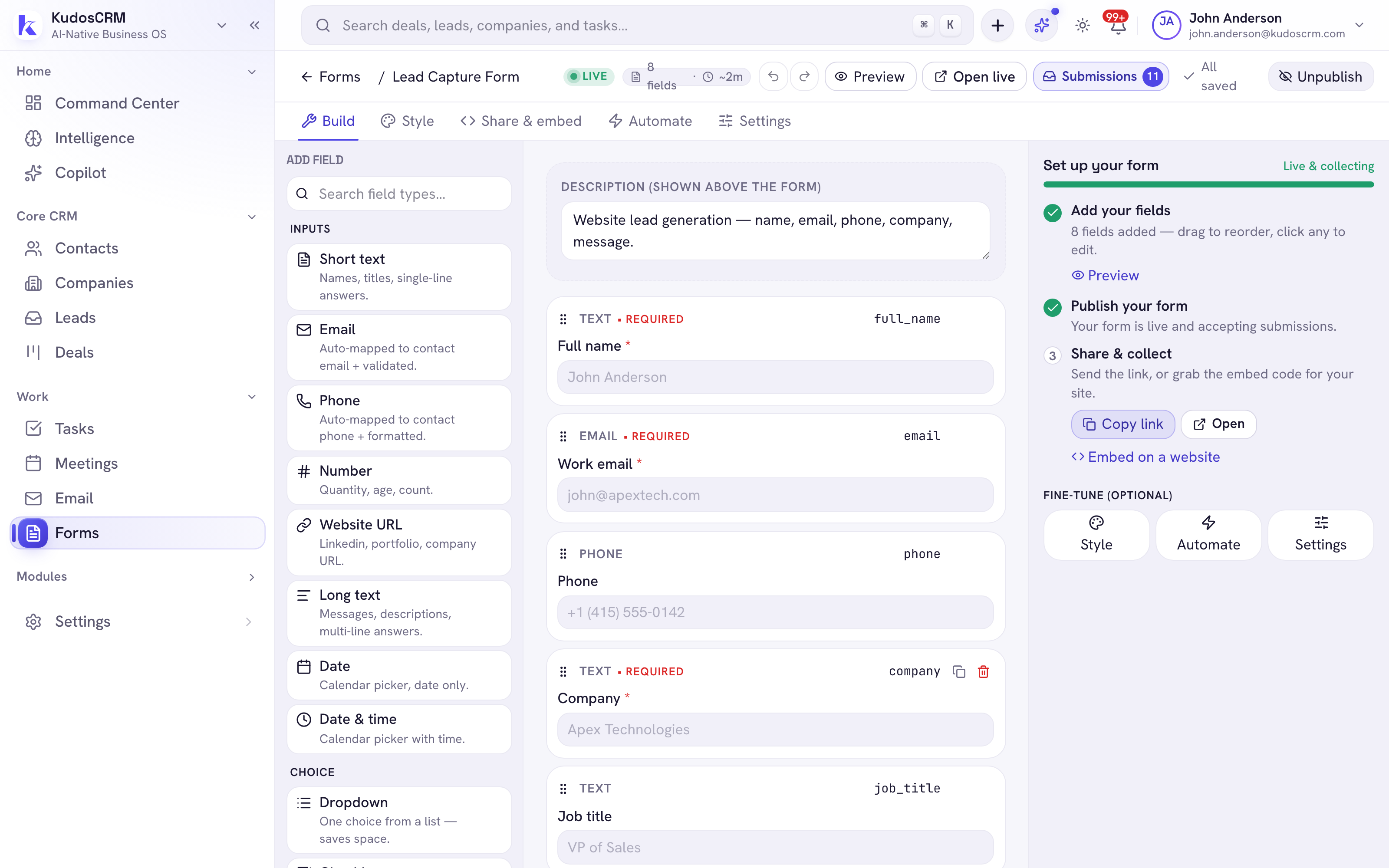 The KudosCRM drag-and-drop online form builder with 13 field types