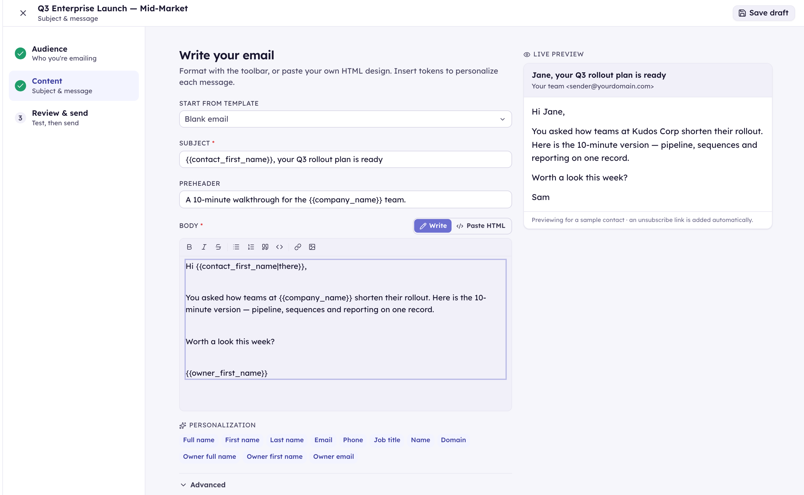 The KudosCRM campaign composer with merge tokens in the subject and body, a live preview, and the one-click personalization token picker