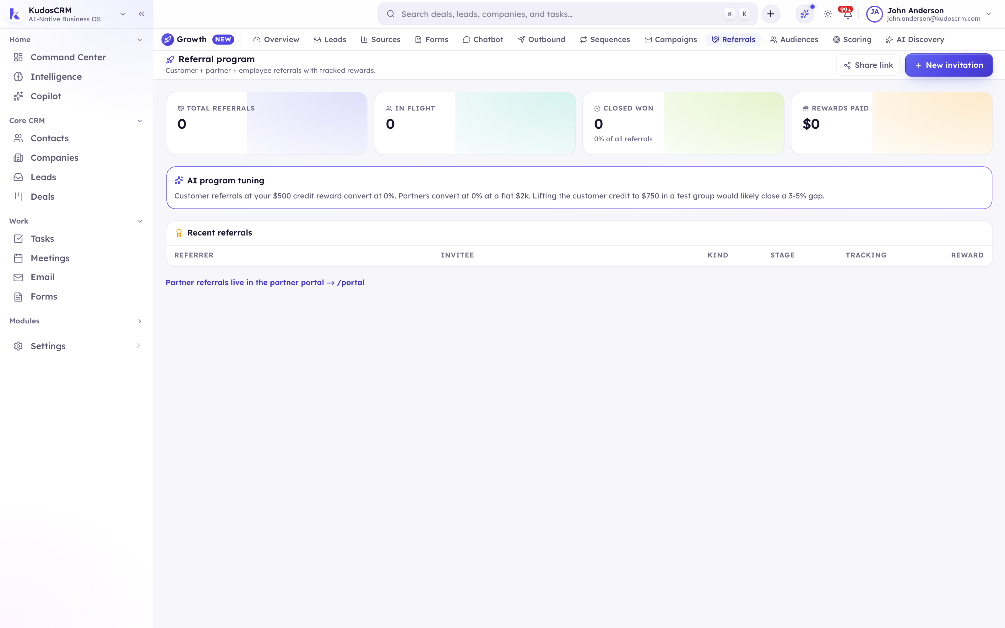 The KudosCRM referrals workspace with partner links, promo codes and the commission ledger written on won deals