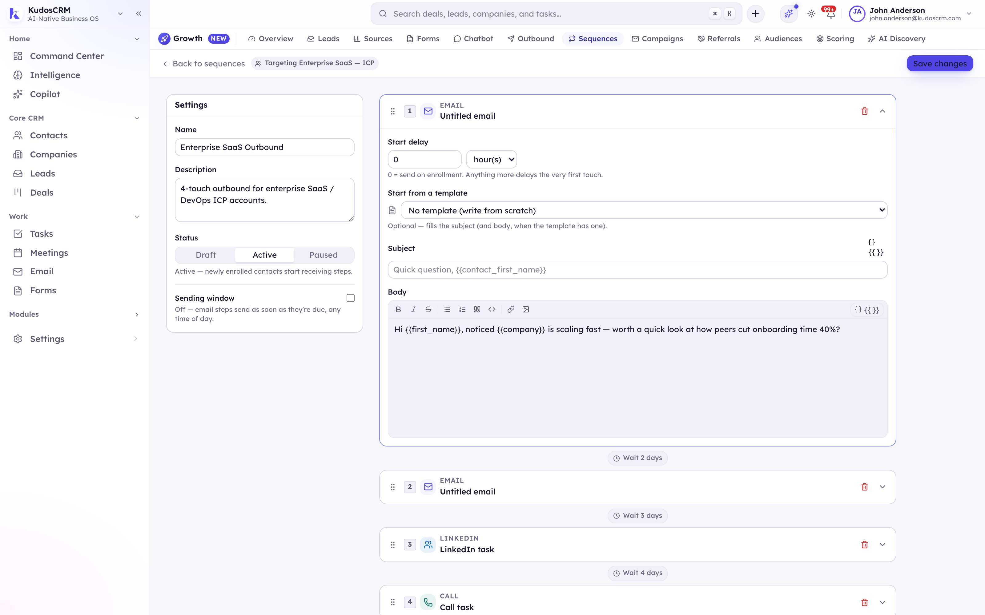 The KudosCRM sequence builder showing a multi-touch outbound cadence with email, wait, LinkedIn and call steps