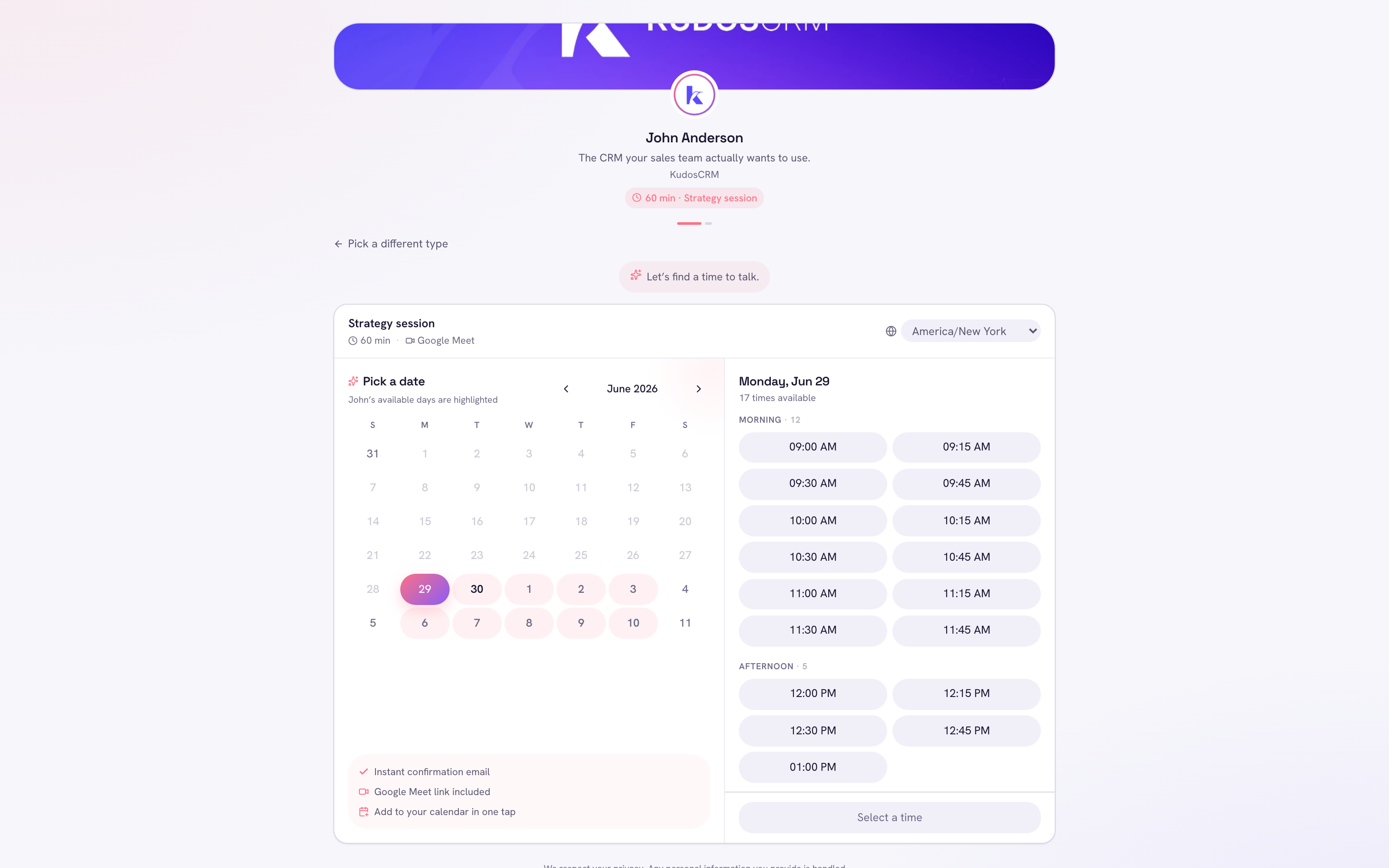 A KudosCRM booking page — a prospect self-schedules a meeting and the time lands on the CRM timeline