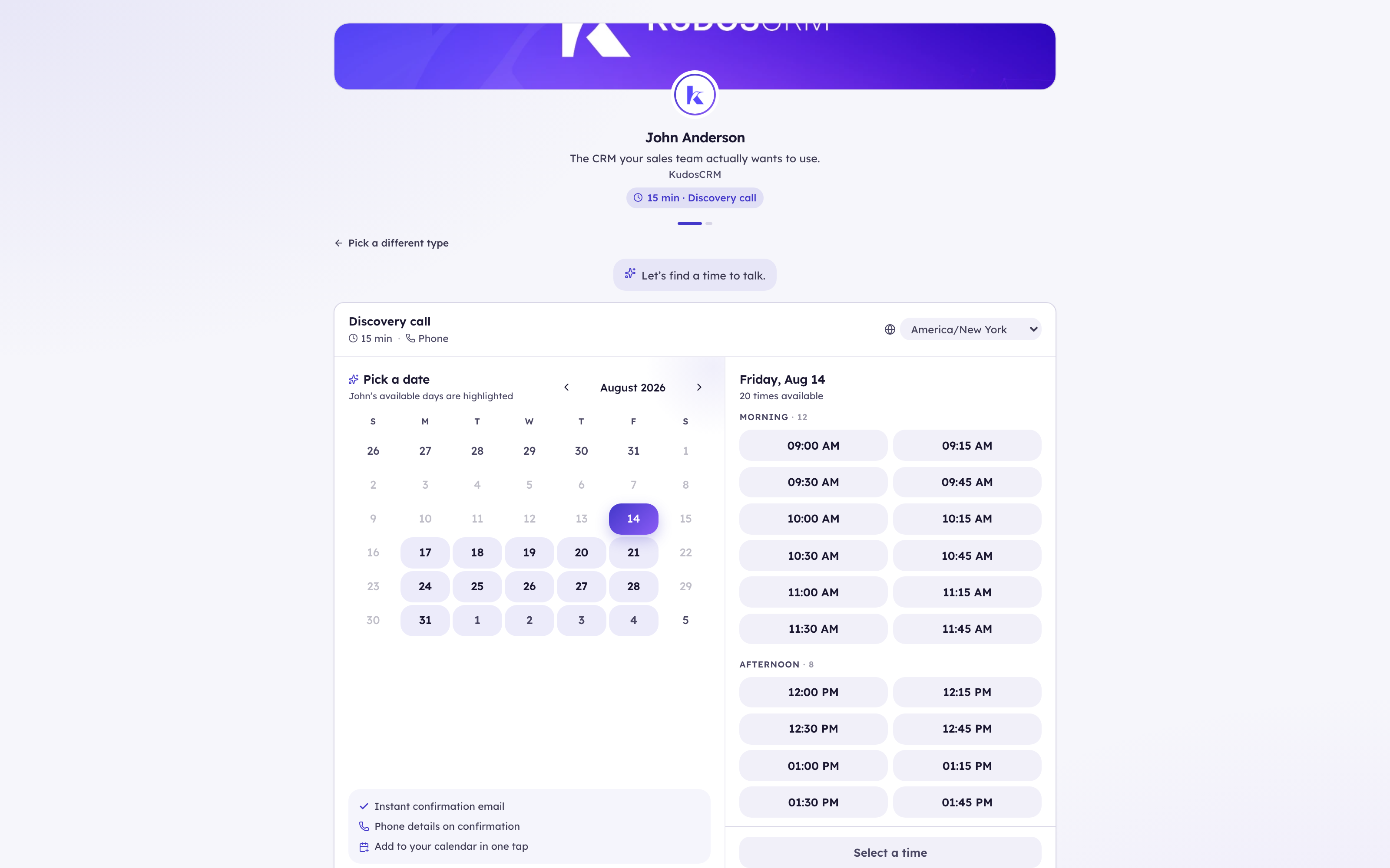 KudosCRM booking page