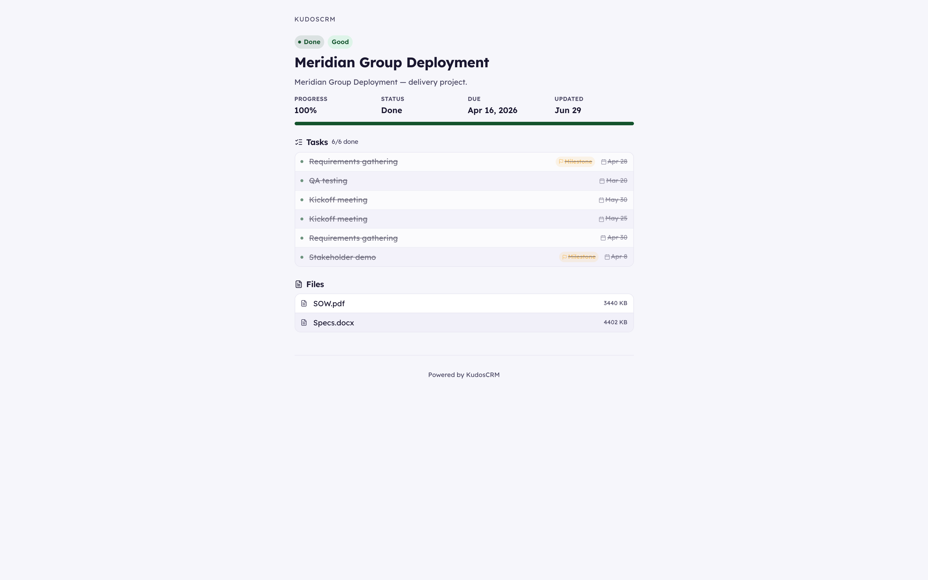 The KudosCRM client watch-portal on a share link, showing project progress, status, and the tasks flagged as billing milestones
