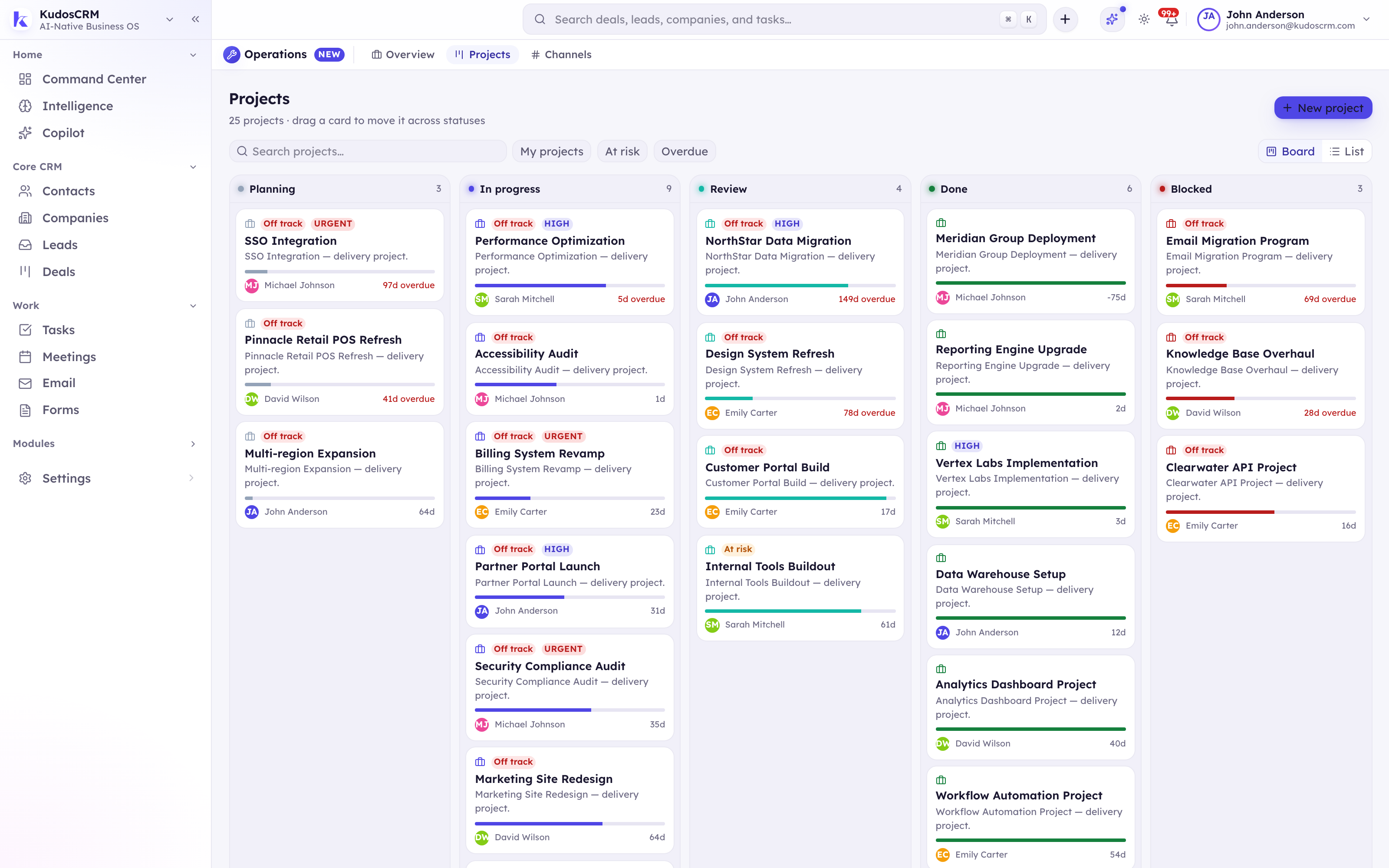 The KudosCRM project board with delivery projects across planning, in progress, review, done and blocked, each carrying a health pill