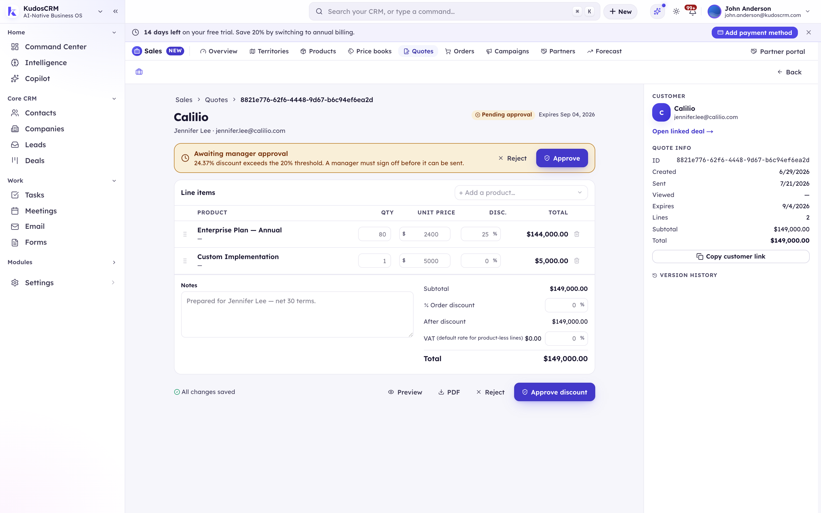 A KudosCRM proposal held for manager approval because a 24.37% discount exceeds the 20% threshold, with Approve and Reject actions on the record