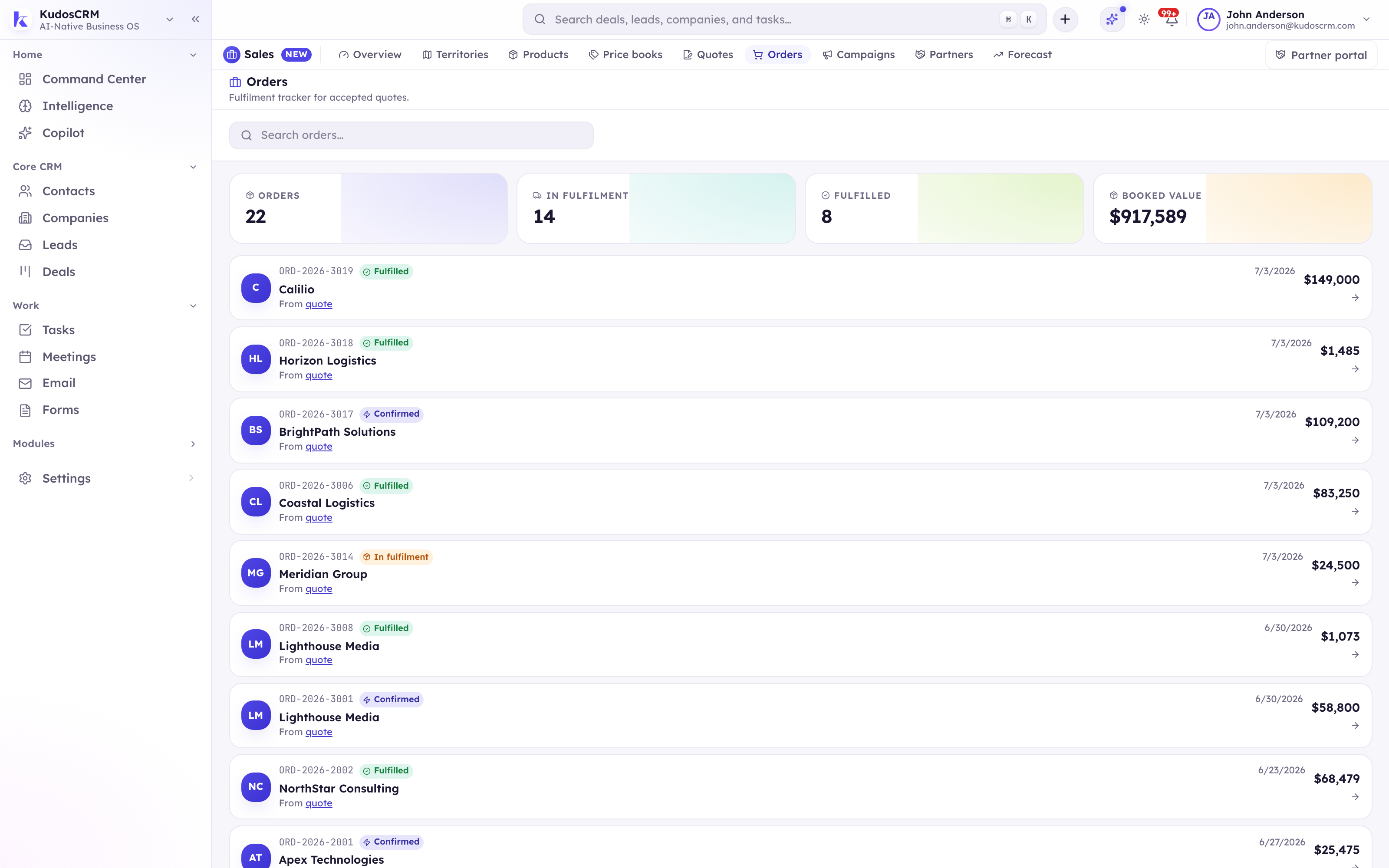 Accepted proposals converted to sales orders in KudosCRM, with booked value and fulfilment status