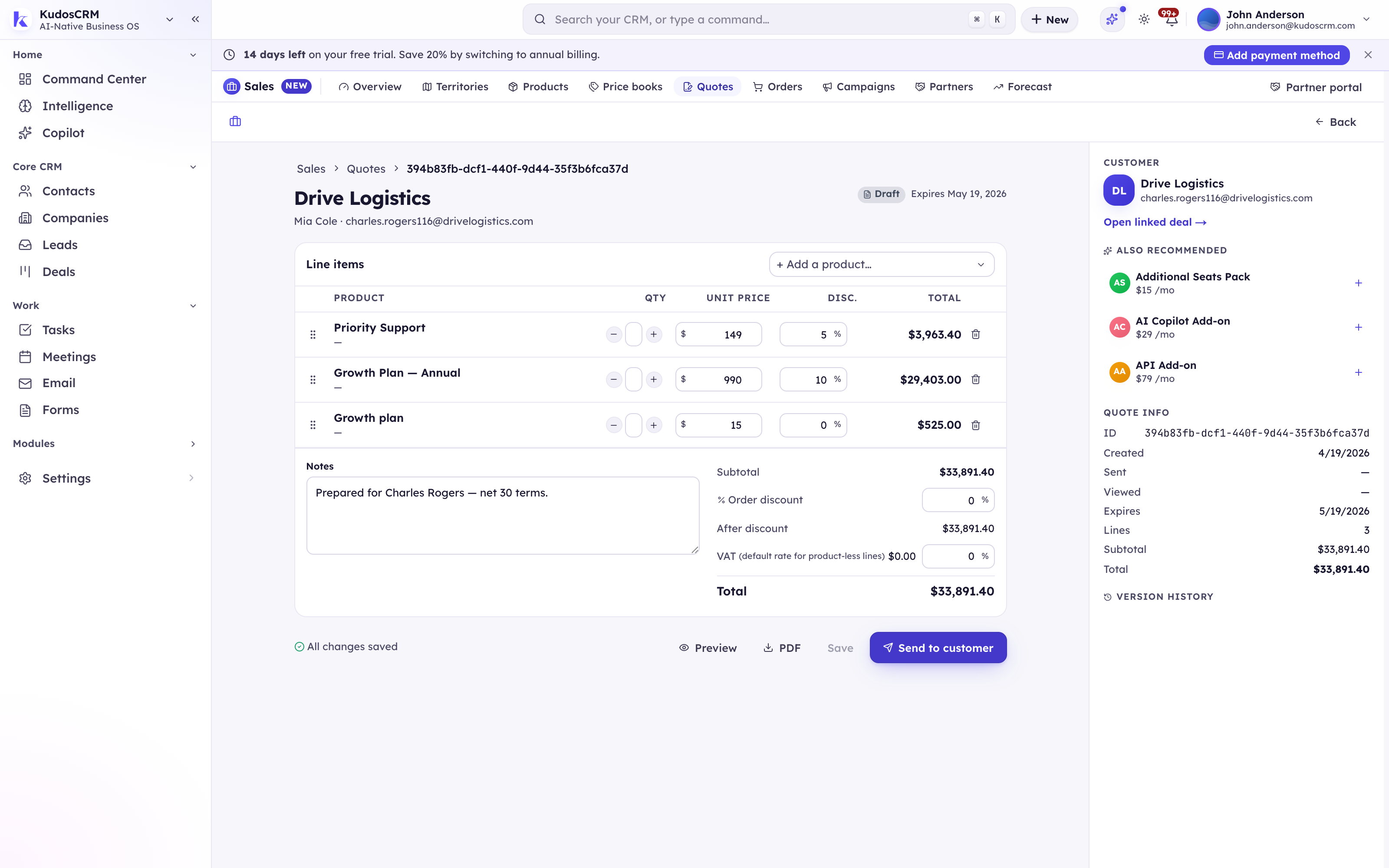 The KudosCRM proposal builder with catalog line items, per-line discounts, and live totals recomputing in USD