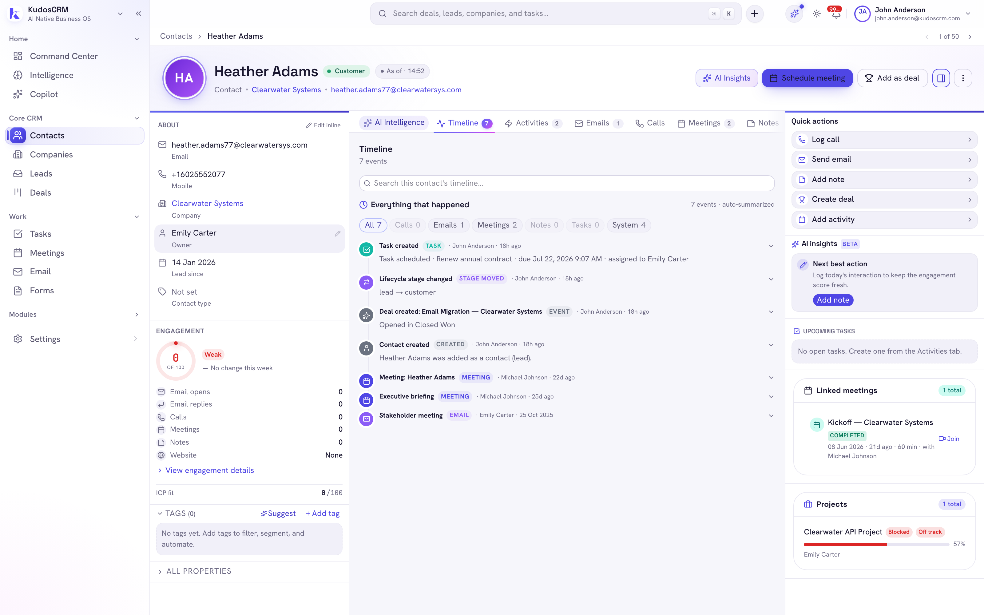 A KudosCRM contact record with timeline, engagement, quick actions, and linked deals