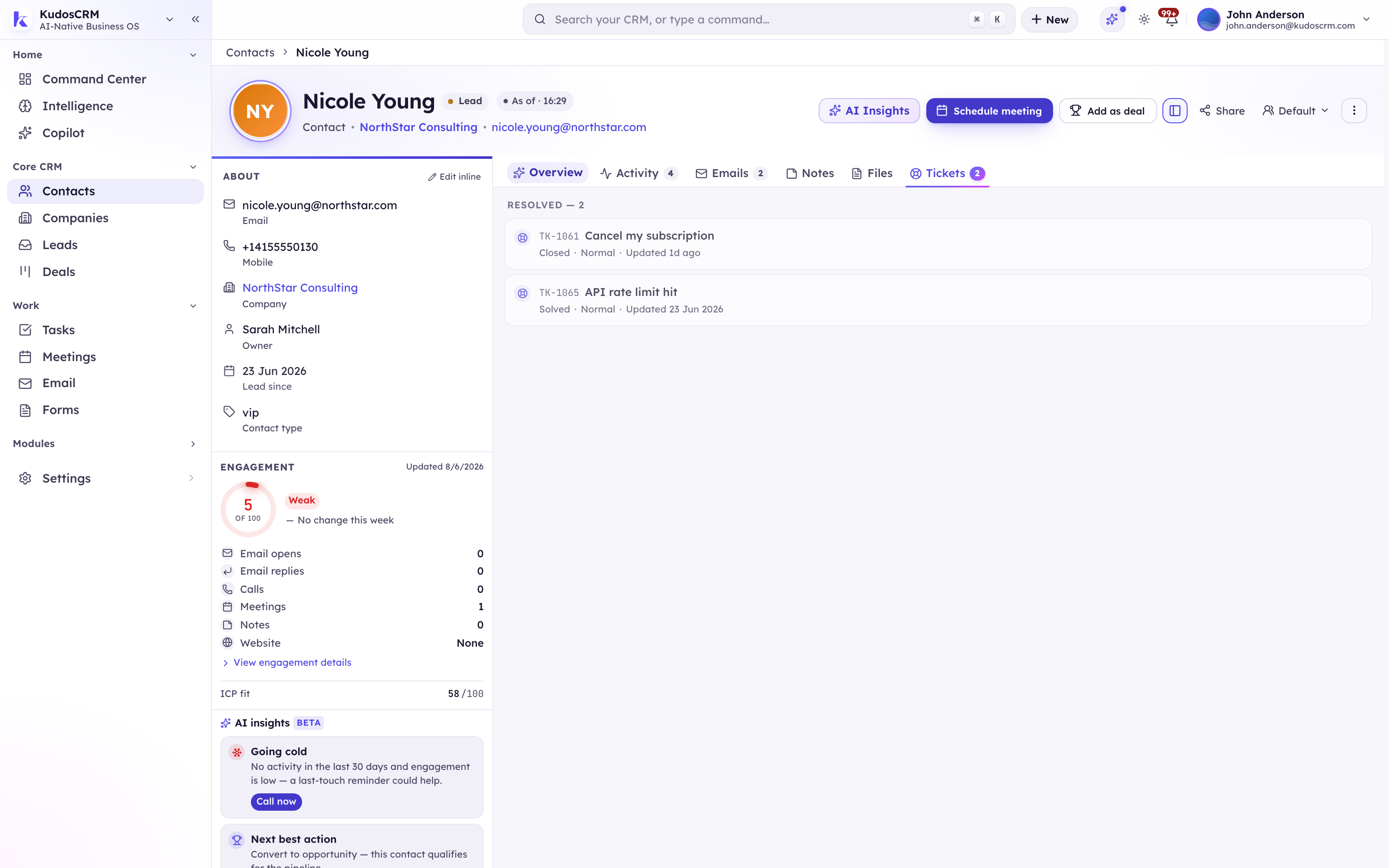 A KudosCRM contact record with its Tickets tab open, listing that customer's support tickets beside their emails, notes and activity