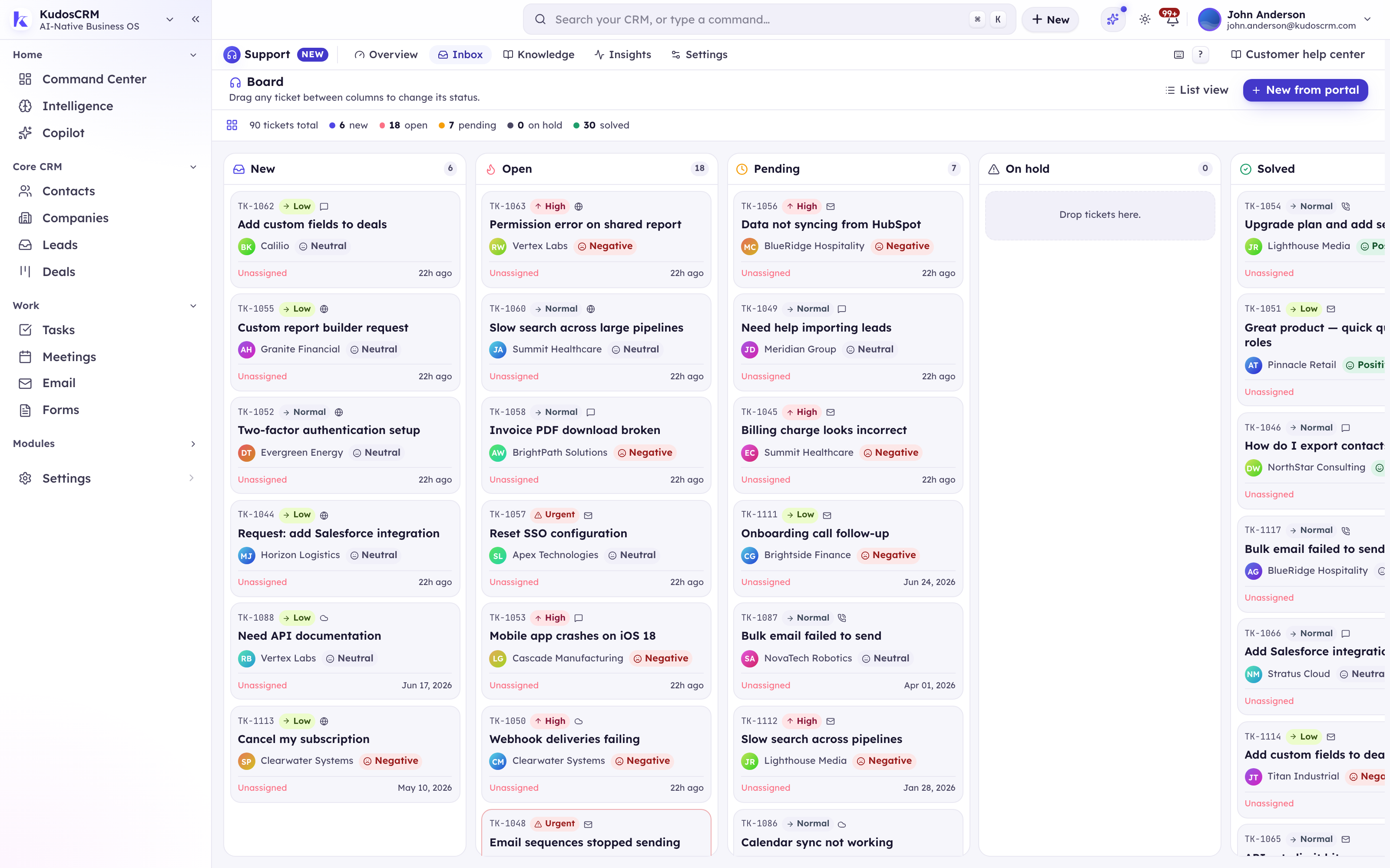 The KudosCRM ticket board with columns for new, open, pending, on hold and solved tickets