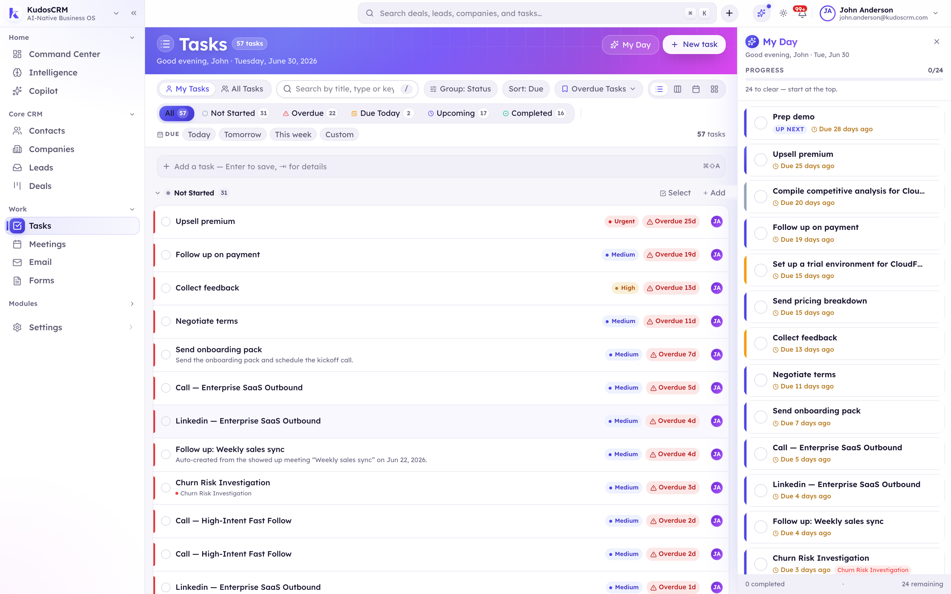 The KudosCRM task board with work dragged across open, in progress and completed columns
