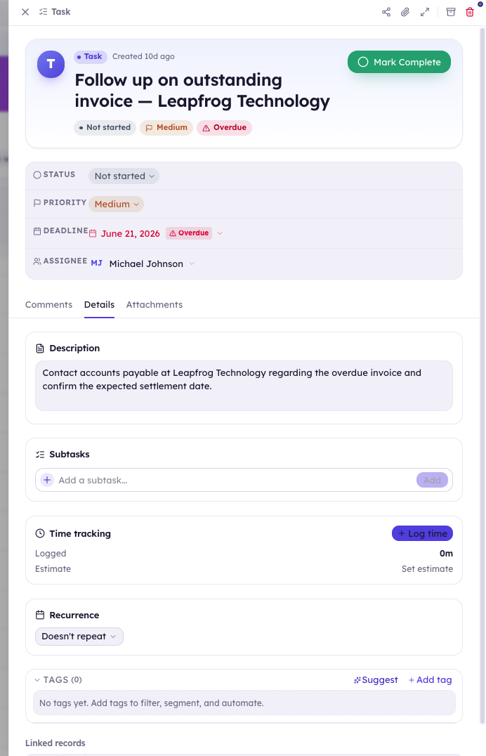 A KudosCRM task open on its record, showing the checklist, assignee, due date and priority
