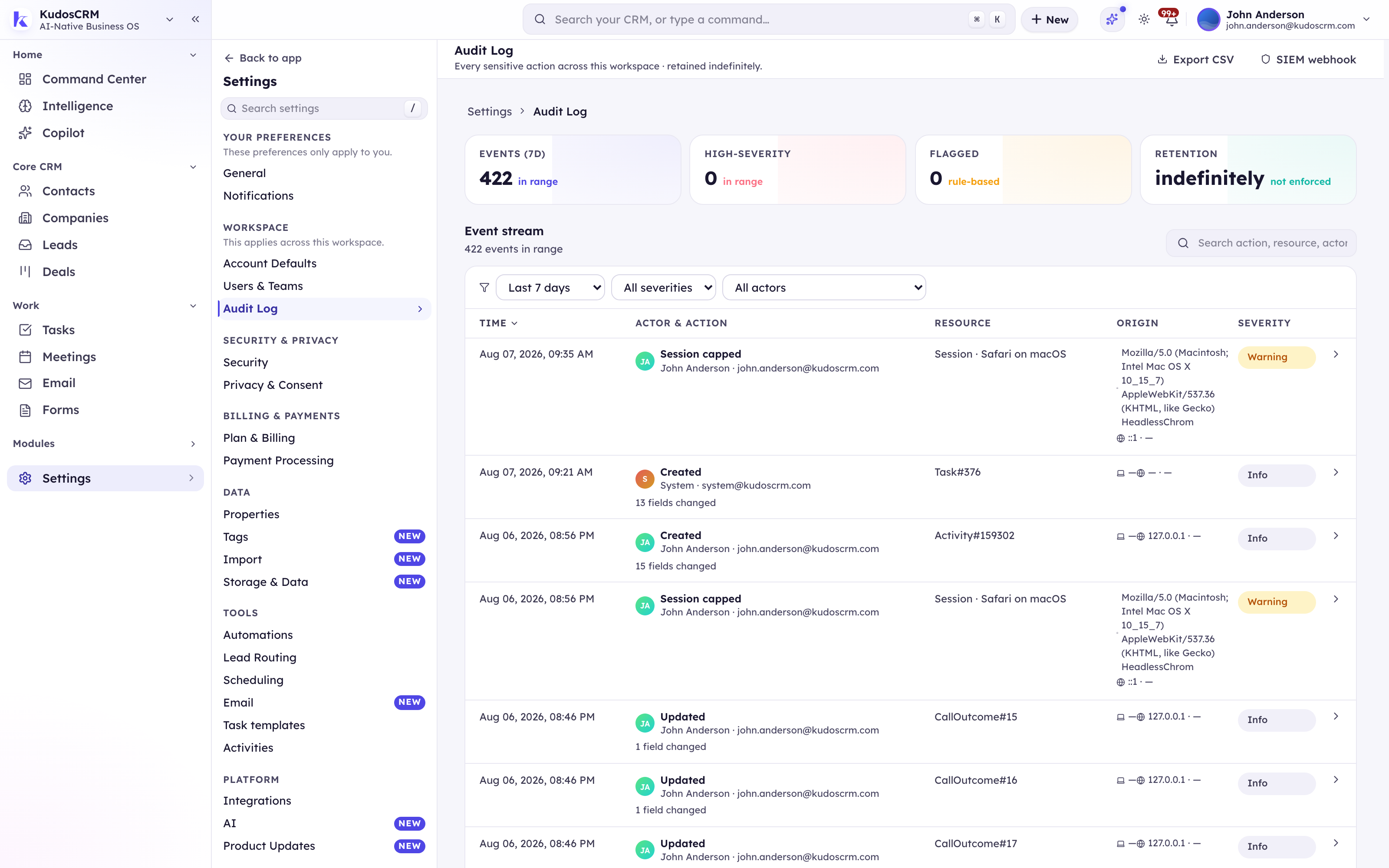 The KudosCRM audit log listing every sensitive workspace action with its actor, resource, origin and severity